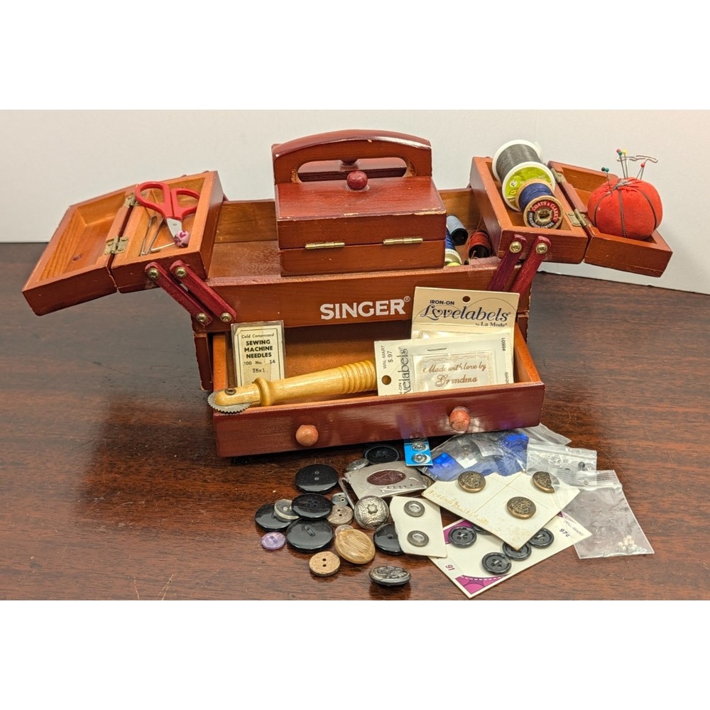 Vintage Singer Sewing Box Accordion Fold Out Wooden Sewing Carry Caddy Organizer